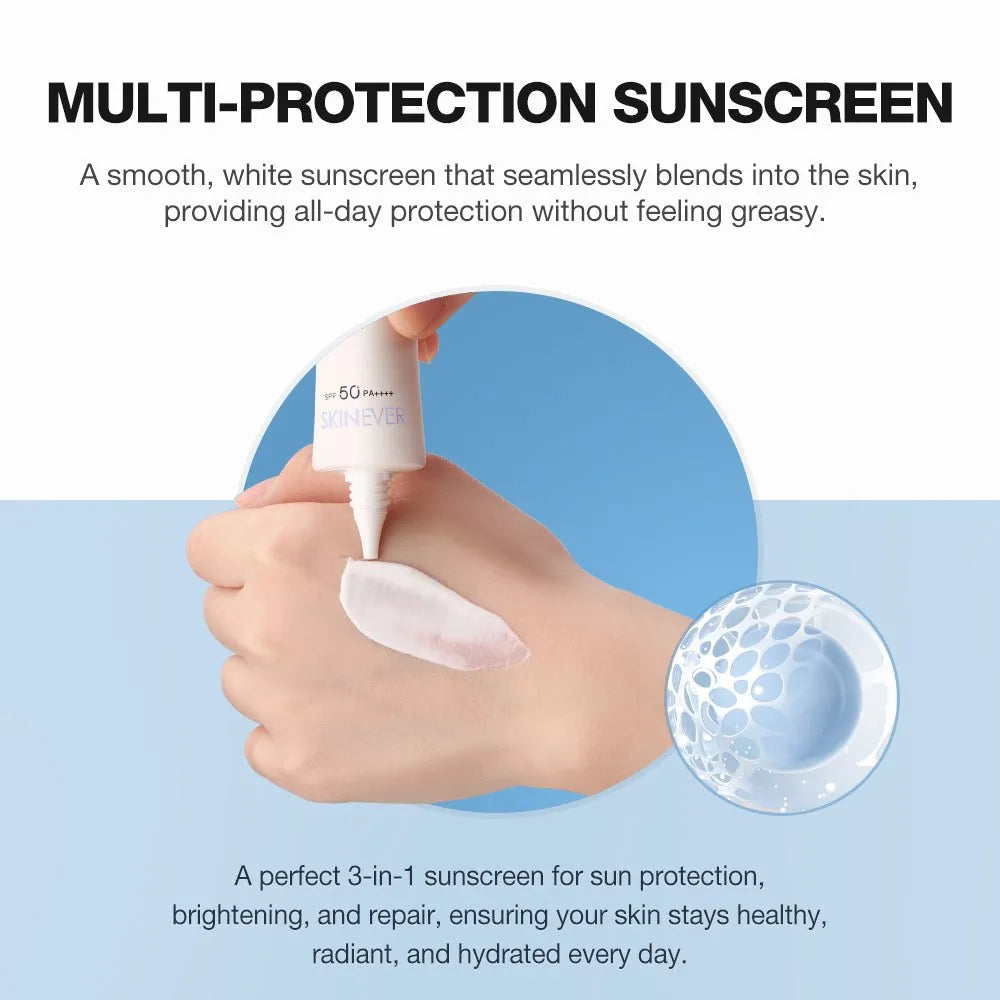 Multi-protection sunscreen being applied to a hand with text about its benefits.