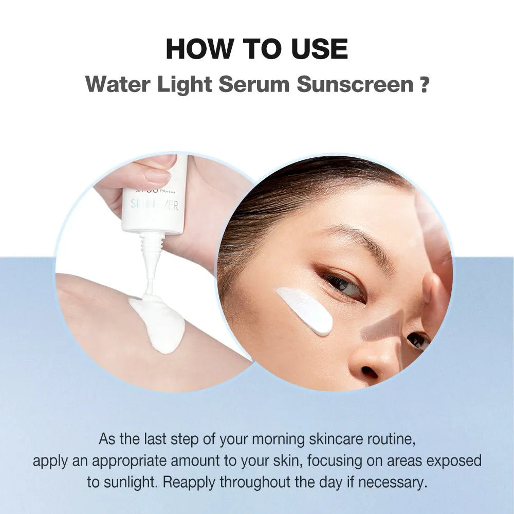 Instructions on how to use water light serum sunscreen with a close-up of a person applying it.
